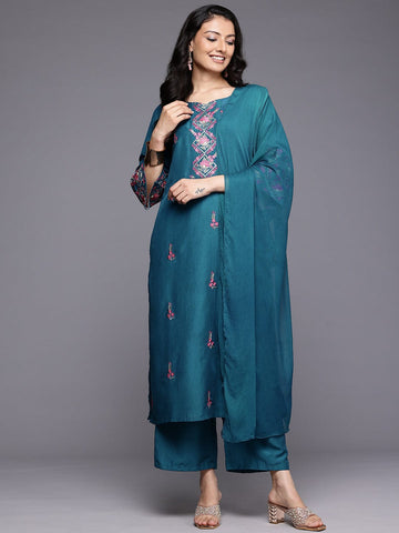 Varanga Women Blue Thread Embroidered Yoke Straight Kurta Paired With Tonal Bottom And Dupatta
